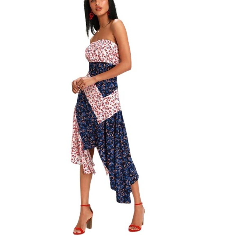 Lulu's, Golden Hour Floral Print Strapless Midi Dress,‎ Size S